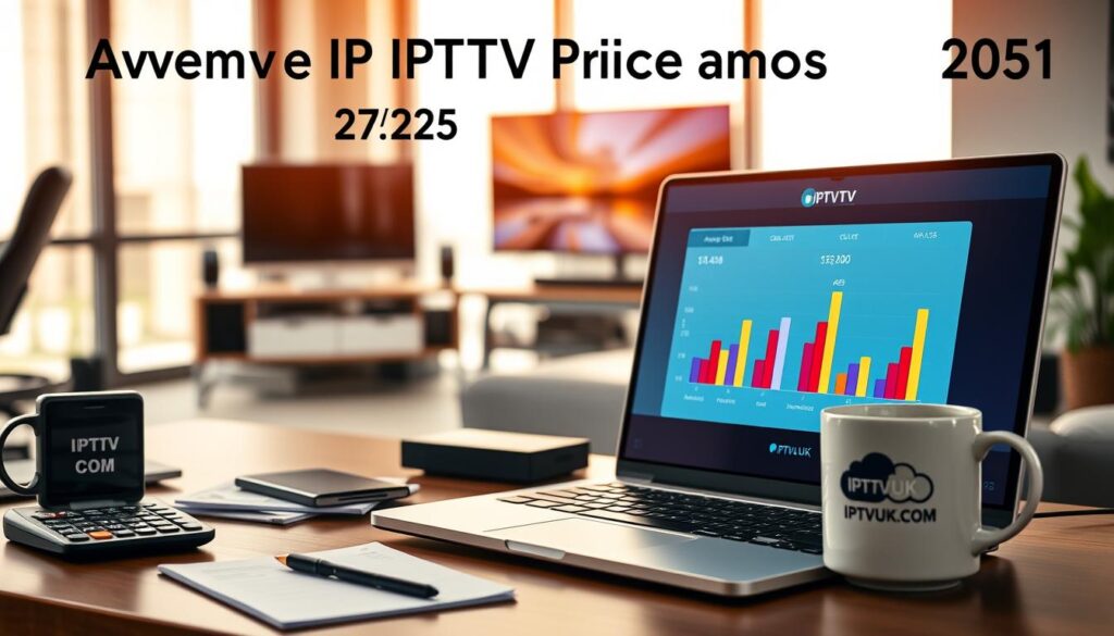 A visually engaging scene depicting the average IPTV price range in 2025, featuring a stylish workspace. In the foreground, a sleek laptop showing a colorful IPTV pricing chart on its screen. Beside it, a calculator, some notepads, and a coffee mug with the logo "IPTVVUK.COM." In the middle ground, there is a modern desk with tech gadgets like a smart TV and a streaming device. The background displays a contemporary office setting with soft natural lighting filtering through large windows, creating a warm and professional atmosphere. The mood is informative and optimistic, inviting viewers to explore cost-effective streaming solutions in a smartly designed environment, shot with a slight depth of field to emphasize the foreground elements and blur the background.