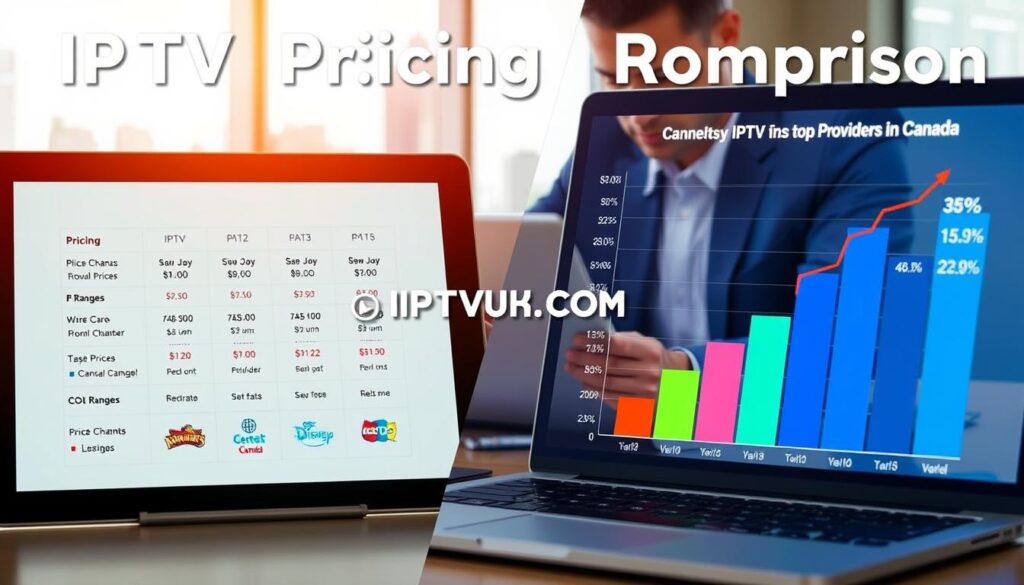 A visually engaging split-screen image depicting an "IPTV Pricing Comparison." In the foreground, on one side, display a sleek modern tablet showcasing various IPTV pricing plans laid out clearly, with icons representing different channels. On the other side, include a graph illustrating price ranges of top IPTV providers in Canada, with vibrant colors to differentiate each provider. In the middle ground, include a professional, modern office space with a laptop, notes, and a person in business attire analyzing the data, creating a sense of engagement with the content. The background features a blurred city skyline, symbolizing the digital nature of IPTV. Soft lighting highlights the tablet and graph, adding a professional ambiance to the scene. Include the brand name "IPTVVUK.COM" subtly integrated within the laptop screen for branding purposes.