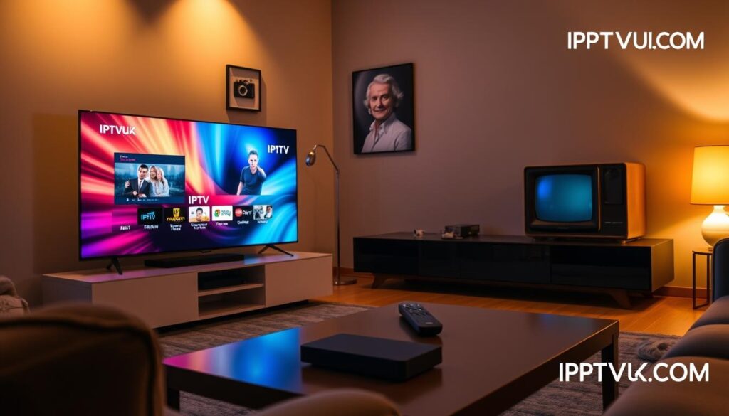 A visually impactful comparison of IPTV and traditional television, set in a cozy living room. In the foreground, a sleek smart TV displaying vibrant IPTV content, its screen glowing with colorful graphics. Beside it, an old-fashioned TV showing a static image, evoking nostalgia. The middle ground features a modern coffee table with a remote control and a streaming device. In the background, a wall adorned with subtle tech-themed artwork, softly illuminated by warm, inviting lighting. The scene is captured from a slightly elevated angle, creating depth. The mood is informative yet engaging, reflecting the evolution of viewing experiences. Include the logo "IPTVVUK.COM" discreetly in the corner of the image.