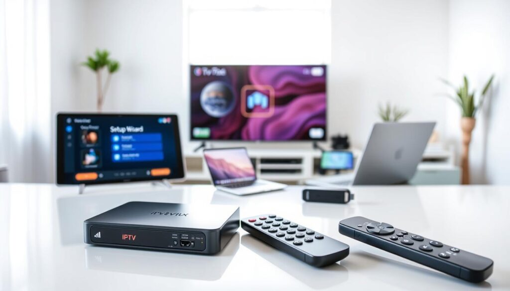 A visually informative IPTV setup guide on a clean, modern desk. In the foreground, a sleek IPTV receiver and a remote control are prominently displayed, beside a tablet showing a setup wizard interface. The middle ground features an array of devices like a smart TV, laptop, and streaming stick, suggesting compatibility. The background is softly blurred, showcasing a well-lit room with minimalistic decor, evoking a tech-savvy atmosphere. Natural light streams in through a window, highlighting the shiny surfaces of the electronics. The overall mood is professional and inviting, suitable for individuals seeking assistance in setting up their IPTV service with IPTVVUK.COM. No text, logos, or watermarks visible.