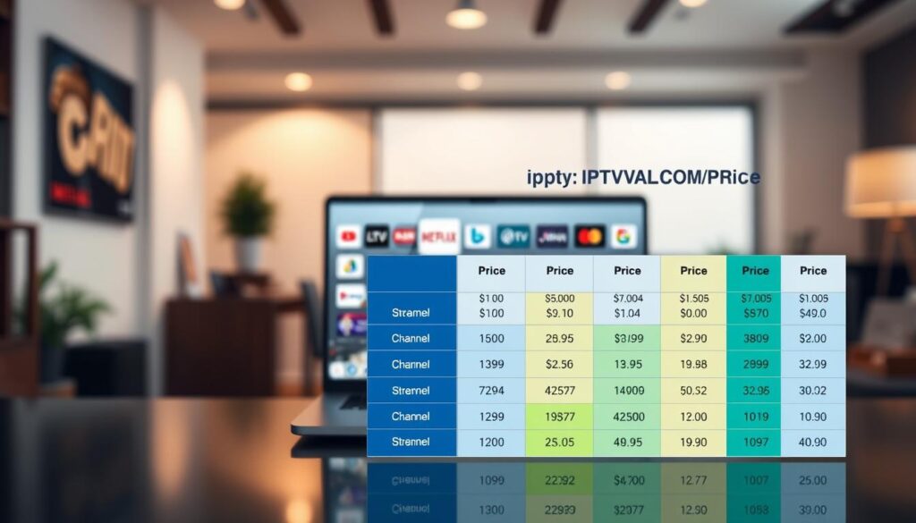 A visually striking IPTV price comparison chart is depicted in the foreground, showcasing various streaming service providers alongside their prices. Each pricing box is color-coded, using shades of blue and green to convey affordable options. In the middle ground, a sleek laptop displays a dynamic interface of streaming services, with icons representing different channels and their respective costs. The background is subtly blurred, featuring an office setting with a modern aesthetic, illuminated by soft, natural lighting to create an inviting atmosphere. The image captures a mood of clarity and professionalism, emphasizing the importance of making informed choices in streaming solutions. Include the brand name "IPTVVUK.COM" discreetly integrated into the chart design, maintaining a clean and polished look.