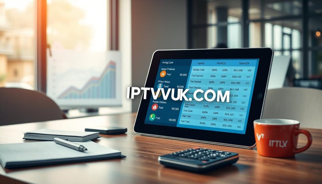 A visually striking and informative image representing an "IPTV Pricing Guide." In the foreground, display a sleek tablet showing a vibrant user interface with various IPTV subscription options listed. Surround the tablet with essential business tools: a notepad, a calculator, and a coffee cup, suggesting an engaged analysis of costs. In the middle ground, subtly include a blurred chart or graph displaying pricing trends, hinting at comparative analysis. The background features a modern office setting with soft natural light pouring in through a window, creating a warm and inviting atmosphere. The overall mood should be professional yet approachable. Prominently include the brand name "IPTVVUK.COM" integrated into the tablet interface design, ensuring no other text appears in the image.