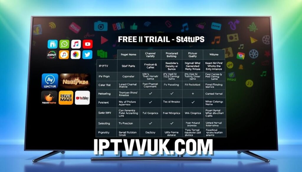 A visually striking comparison chart featuring IPTV free trial durations and features. In the foreground, a sleek, modern digital device, such as a smart TV or tablet, displays vibrant icons representing various IPTV services. The middle ground showcases a neatly organized comparison table, listing notable features like channel variety, picture quality, and user interface, against a backdrop of colorful icons and symbols representing entertainment, such as film reels and music notes. The background features a soft gradient of blue and green, enhancing the futuristic feel. Soft lighting casts a gentle glow, creating an inviting atmosphere, while ensuring all elements are professionally presented. The brand name "IPTVVUK.COM" is subtly integrated into the design, maintaining focus on the content rather than branding, ensuring a clean and professional appearance.