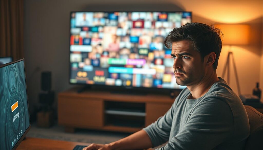 A visually striking composition depicting common streaming issues related to S S IPTV. In the foreground, a frustrated user in casual attire sits in front of a computer, with a furrowed brow, looking at a frozen streaming screen displaying a loading icon. The middle layer features a vivid, chaotic blur of pixelated images and buffering symbols, illustrating connectivity problems. The background should be a dimly lit living room with a soft glow from a lamp, evoking a sense of frustration and anticipation. Use warm lighting to create a contrast between the user’s emotions and the tech environment. Showcase a faint glimpse of a modern TV displaying the IPTVVUK.COM website to contextualize the streaming service without text or logos. Overall, convey an atmosphere of troubleshooting and urgency.