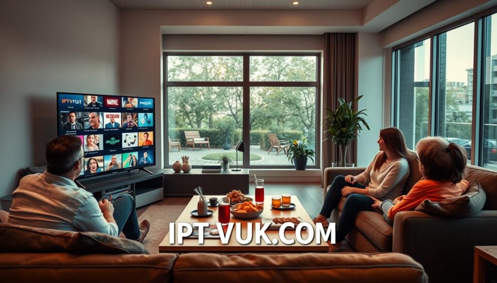 A visually striking composition showcasing a modern living room setting where families gather to enjoy IPTV services. In the foreground, a sleek television displays an array of vibrant IPTV channels featuring a diverse range of content, from movies to documentaries. Family members of different ages are comfortably seated on a stylish sofa, engaged in watching their favorite shows, dressed in casual yet presentable attire. The middle ground highlights a coffee table adorned with snacks and drinks, enhancing a warm, inviting atmosphere. In the background, large windows bask the room in soft, natural light, creating a cozy and friendly ambiance. The focus should be on conveying the enjoyment and value of secure and affordable streaming through IPTV, emphasizing the brand "IPTVVUK.COM" subtly within the visual elements. A visually striking composition showcasing a modern living room setting where families gather to enjoy IPTV services. In the foreground, a sleek television displays an array of vibrant IPTV channels featuring a diverse range of content, from movies to documentaries. Family members of different ages are comfortably seated on a stylish sofa, engaged in watching their favorite shows, dressed in casual yet presentable attire. The middle ground highlights a coffee table adorned with snacks and drinks, enhancing a warm, inviting atmosphere. In the background, large windows bask the room in soft, natural light, creating a cozy and friendly ambiance. The focus should be on conveying the enjoyment and value of secure and affordable streaming through IPTV, emphasizing the brand "IPTVVUK.COM" subtly within the visual elements.