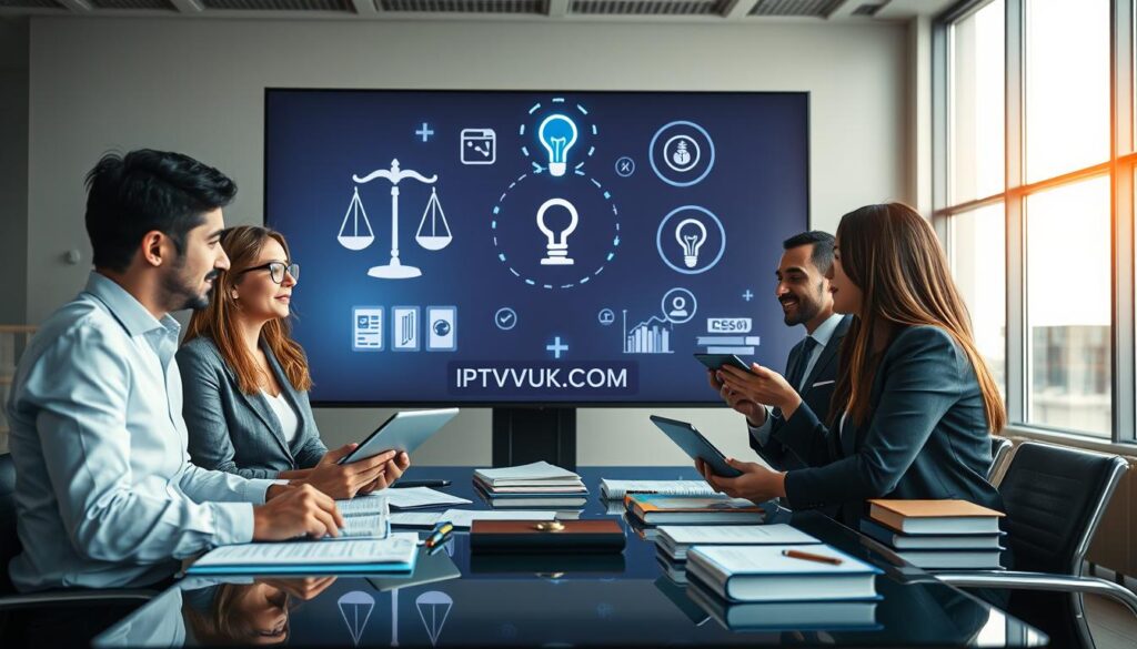 A visually striking image depicting the theme of "Legal Considerations for IPTV Streaming." In the foreground, a diverse group of three professionals, dressed in smart business attire, are gathered around a sleek table filled with legal documents, modern tablets, and law books. They are engaged in a serious discussion, exchanging ideas with focused expressions. In the middle ground, a large digital screen displays symbols of legal scales, streaming icons, and a lightbulb, representing innovation and legality in IPTV. The background features a contemporary office with large windows, bathed in soft, natural light, creating a professional and serious atmosphere. The entire scene embodies a mood of collaboration and legal diligence. Include a subtle yet prominent branding element of "IPTVVUK.COM" integrated into the scene, harmonizing with the overall theme. A visually striking image depicting the theme of "Legal Considerations for IPTV Streaming." In the foreground, a diverse group of three professionals, dressed in smart business attire, are gathered around a sleek table filled with legal documents, modern tablets, and law books. They are engaged in a serious discussion, exchanging ideas with focused expressions. In the middle ground, a large digital screen displays symbols of legal scales, streaming icons, and a lightbulb, representing innovation and legality in IPTV. The background features a contemporary office with large windows, bathed in soft, natural light, creating a professional and serious atmosphere. The entire scene embodies a mood of collaboration and legal diligence. Include a subtle yet prominent branding element of "IPTVVUK.COM" integrated into the scene, harmonizing with the overall theme.