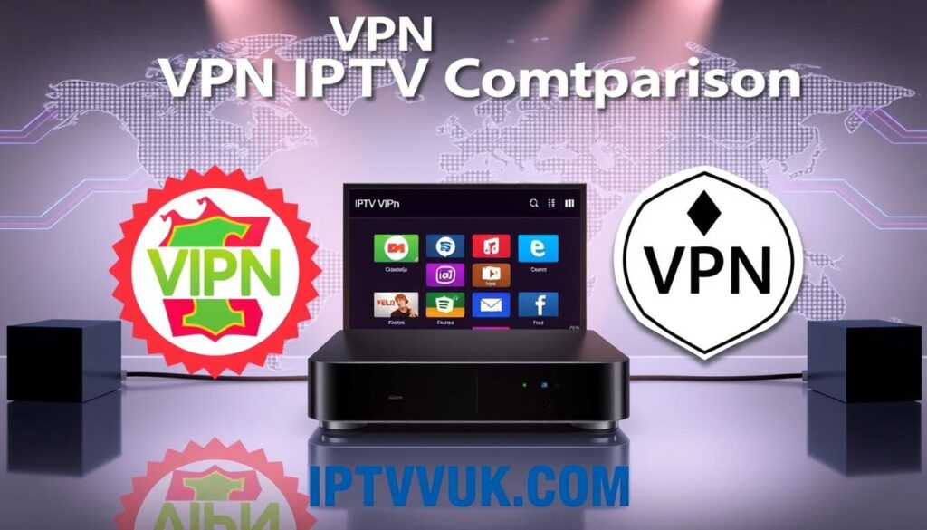 A visually striking image illustrating a "VPN IPTV Comparison." In the foreground, two contrasting VPN logos, one representing a free VPN with vibrant, energetic colors and the other a sleek, premium-looking paid VPN logo, both clearly delineated. In the middle ground, a stylish streaming device displaying IPTV interface icons, symbolizing various channels and content, connects to the VPNs. The background features a digital world map with streams of data flowing between continents, highlighting global connectivity. Soft, focused lighting emphasizes the contrast between the two VPNs, creating a tech-savvy atmosphere. The image conveys a sense of assurance and security for online streaming. Include the brand name "IPTVVUK.COM" subtly integrated in the design.