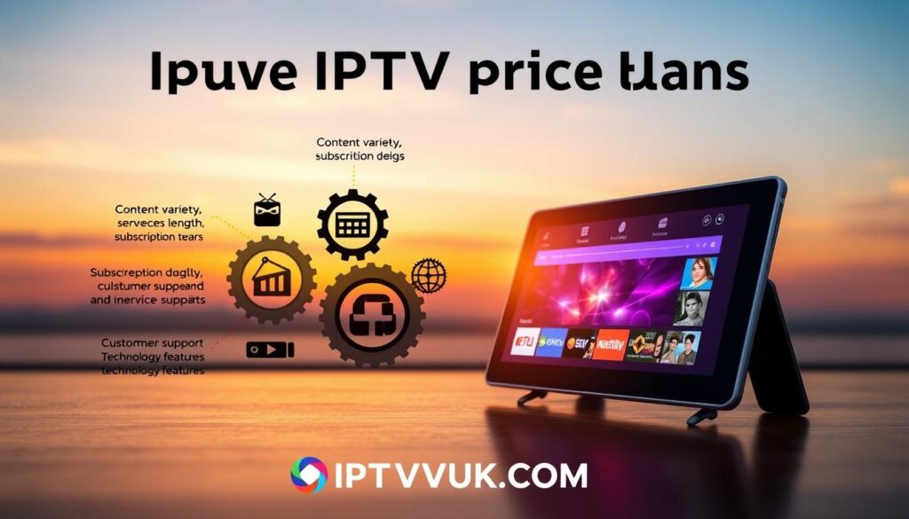 A visually striking infographic illustrating the various factors that influence IPTV price plans. In the foreground, display a sleek, modern digital device like a tablet or smart TV showcasing a colorful IPTV interface. In the middle ground, include icons representing key factors such as content variety, subscription length, service quality, customer support, and technology features, arranged like gears working together. The background should be a soft gradient reflecting the colors of a sunset, creating a warm, inviting atmosphere. Use natural lighting to give the scene an engaging and professional look. The image should convey a sense of affordability and accessibility, with the brand name "IPTVVUK.COM" subtly incorporated into the design, ensuring it's integrated organically into the overall composition.