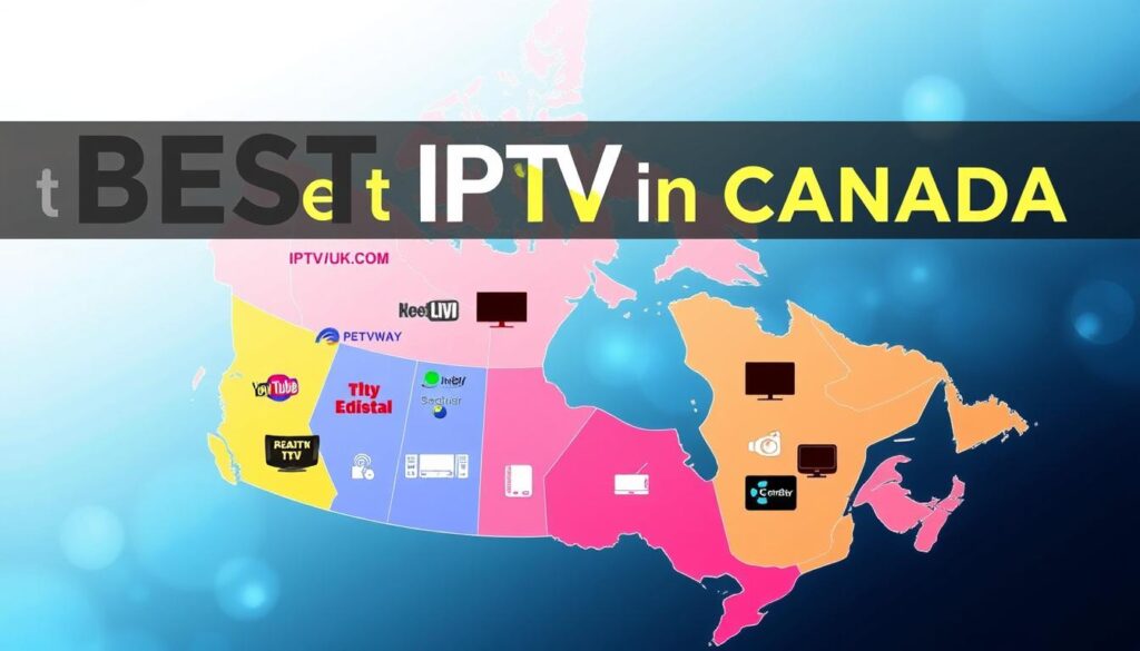 A visually striking infographic-style image showcasing the best IPTV services in Canada, organized by specific regions. The foreground features an outline of Canada, highlighted with vibrant colors representing different regions. Within each region, include logos or symbols of popular IPTV services like "IPTVVUK.COM," artistically arranged to emphasize their presence. In the middle ground, integrate icons depicting elements like televisions and streaming devices, conveying the concept of modern entertainment. The background should be a gradient of cool blues and whites, evoking a sense of technology and connectivity. Soft lighting enhances the details, creating a professional and informative atmosphere. The overall mood is engaging and informative, appealing to cord-cutters looking for the best IPTV options. No text or overlays are included, ensuring a clean visual presentation. A visually striking infographic-style image showcasing the best IPTV services in Canada, organized by specific regions. The foreground features an outline of Canada, highlighted with vibrant colors representing different regions. Within each region, include logos or symbols of popular IPTV services like "IPTVVUK.COM," artistically arranged to emphasize their presence. In the middle ground, integrate icons depicting elements like televisions and streaming devices, conveying the concept of modern entertainment. The background should be a gradient of cool blues and whites, evoking a sense of technology and connectivity. Soft lighting enhances the details, creating a professional and informative atmosphere. The overall mood is engaging and informative, appealing to cord-cutters looking for the best IPTV options. No text or overlays are included, ensuring a clean visual presentation.