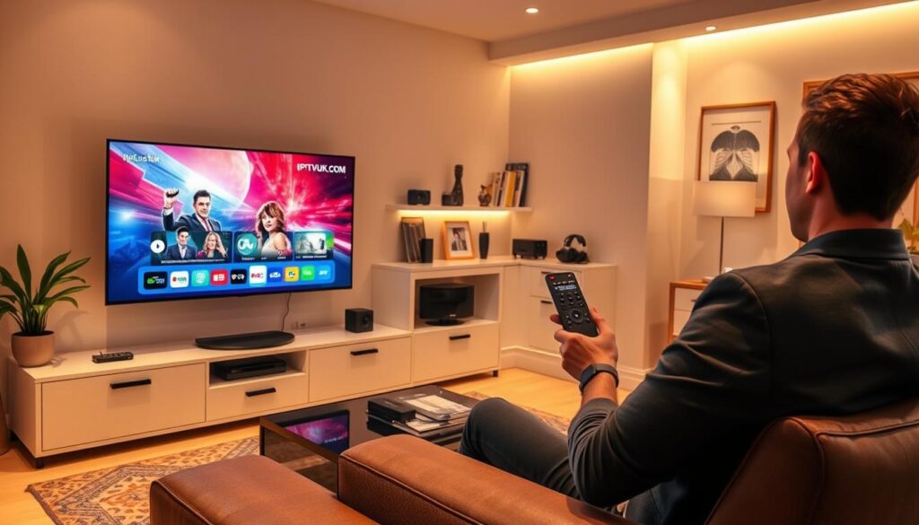 A visually striking scene depicting high-quality streaming performance. In the foreground, a sleek modern living room with a flat-screen TV displaying vibrant streaming content, surrounded by comfortable seating. A user, dressed in smart casual attire, is holding a remote, fully engaged with the screen. In the middle, a stylish entertainment unit with advanced streaming equipment, emphasizing the technology behind IPTV. The background features soft ambient lighting, creating a cozy atmosphere with warm hues. A small shelf displays a variety of streaming devices and tech literature, including a visible logo of "IPTVVUK.COM." The overall mood should convey excitement and satisfaction with seamless streaming quality, captured with a wide-angle lens to enhance depth.