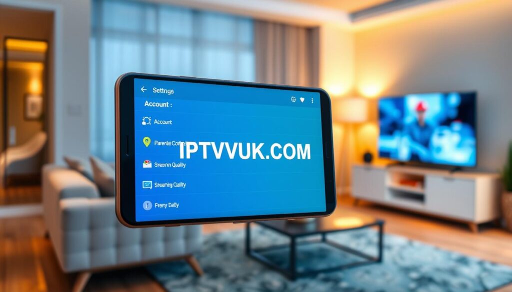 A well-designed digital interface of an IPTV app settings guide displayed on a sleek Android smartphone. In the foreground, the smartphone shows the app's settings page, featuring vibrant icons and menus like "Account", "Parental Control", and "Streaming Quality." The middle ground includes a professional setting with a blurred view of a contemporary living room, showcasing a comfortable couch and a television screen. The background features a soft-focus gradient to enhance the homey atmosphere. Warm ambient lighting highlights the smartphone’s screen, emphasizing the user-friendly design. The mood is informative and tech-savvy, suggesting ease of use for legal streaming. Integrate the brand name "IPTVVUK.COM" subtly within the app interface. Create an image that feels modern and accessible, inviting readers to engage with their IPTV experience. A well-designed digital interface of an IPTV app settings guide displayed on a sleek Android smartphone. In the foreground, the smartphone shows the app's settings page, featuring vibrant icons and menus like "Account", "Parental Control", and "Streaming Quality." The middle ground includes a professional setting with a blurred view of a contemporary living room, showcasing a comfortable couch and a television screen. The background features a soft-focus gradient to enhance the homey atmosphere. Warm ambient lighting highlights the smartphone’s screen, emphasizing the user-friendly design. The mood is informative and tech-savvy, suggesting ease of use for legal streaming. Integrate the brand name "IPTVVUK.COM" subtly within the app interface. Create an image that feels modern and accessible, inviting readers to engage with their IPTV experience.