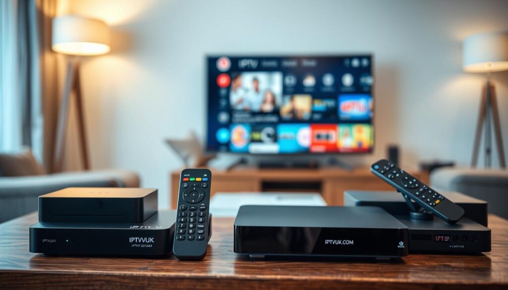 A well-organized display of various IPTV devices on a modern wooden table, including streaming boxes, smart TVs, and remote controls branded with "IPTVVUK.COM". In the foreground, showcase a sleek black streaming box with illuminated buttons, standing proud alongside a stylish remote. In the middle ground, highlight a smart TV featuring a vibrant display of streaming content, tailored to the theme of IPTV. The background includes a softly blurred living room setting with a cozy couch, ambient lighting emanating from stylish floor lamps, creating a warm and inviting atmosphere. Use soft, natural light to capture the details, emphasizing the devices' sleek designs. The camera angle should be slightly elevated, focusing on the equipment with a depth of field that adds dimension. The overall mood should evoke a sense of modern convenience and accessibility, ideal for first-time IPTV users.