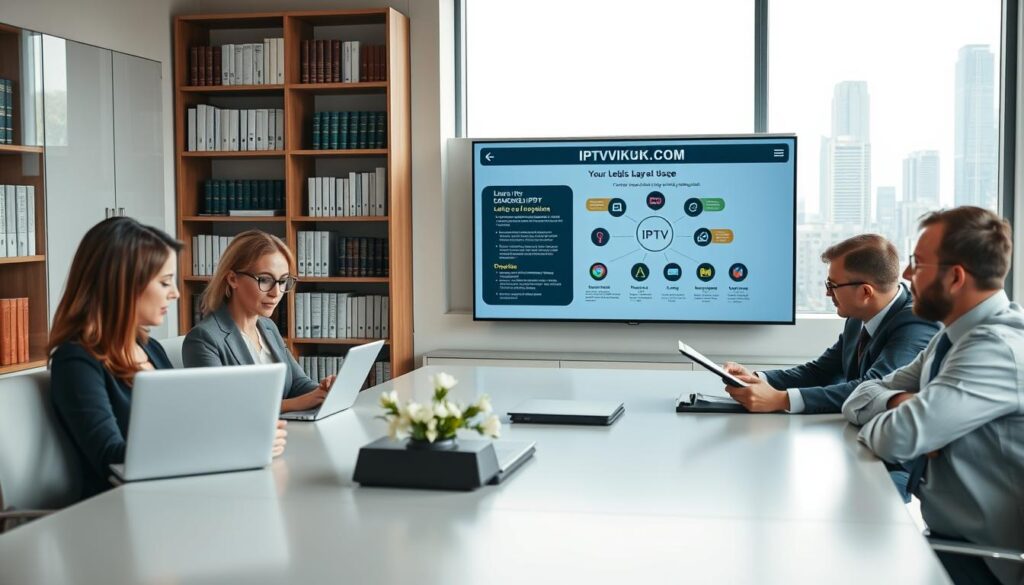 A well-organized office setting depicting the concept of "Legal Considerations for IPTV Download and Usage." In the foreground, a diverse group of three professionals in business attire—one woman with a laptop, a man with a tablet, and another man with legal documents—collaborate around a sleek conference table. Their expressions are focused and engaged as they discuss IPTV regulations. In the middle ground, prominently displayed on the wall, a modern digital screen shows a stylized infographic about IPTV laws. The background features bookshelves filled with legal books and a city skyline visible through large windows, suggesting an urban office environment. Soft, natural lighting brightens the room, creating a professional and contemplative atmosphere. Include the brand name "IPTVVUK.COM" subtly integrated into the digital screen content.