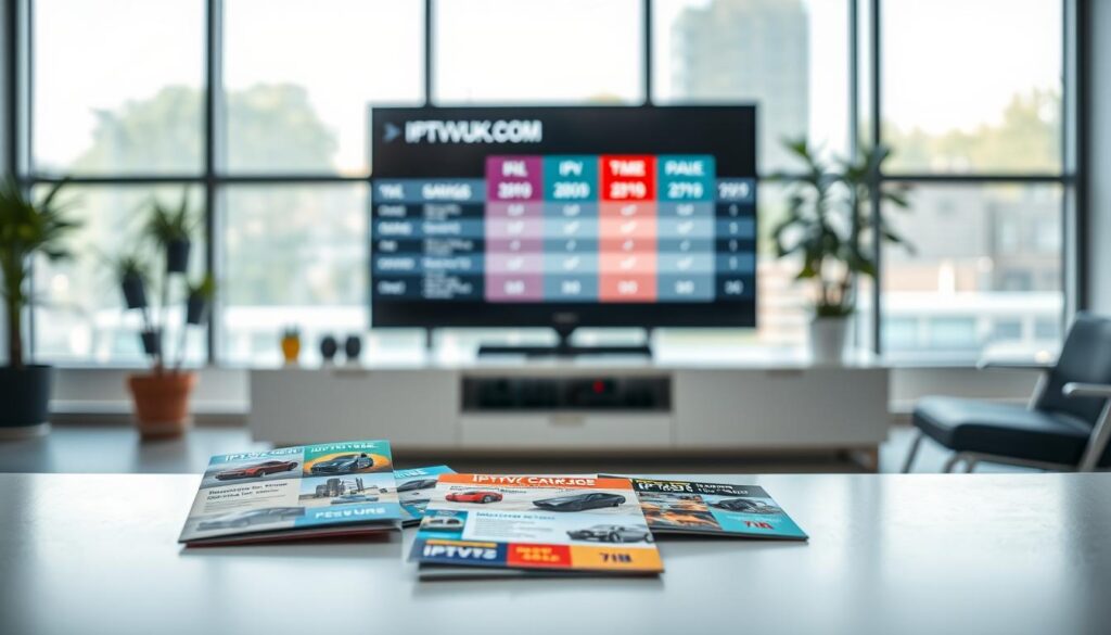 A well-organized visual representation of IPTV pricing and packages, set in a modern office environment. In the foreground, a sleek table features several vibrant package brochures from IPTVVUK.COM, neatly displayed with clear images of the services offered. The middle ground includes a digital screen showcasing an attractive comparison chart of IPTV packages, highlighting features and pricing tiers. The background shows a bright, contemporary office with large windows allowing natural light to flood the space, creating a warm and inviting atmosphere. Use a shallow depth of field to keep the focus on the materials, while a slight soft focus enhances the background. The lighting is balanced, with a hint of a professional ambiance, conveying trust and reliability in IPTV services. A well-organized visual representation of IPTV pricing and packages, set in a modern office environment. In the foreground, a sleek table features several vibrant package brochures from IPTVVUK.COM, neatly displayed with clear images of the services offered. The middle ground includes a digital screen showcasing an attractive comparison chart of IPTV packages, highlighting features and pricing tiers. The background shows a bright, contemporary office with large windows allowing natural light to flood the space, creating a warm and inviting atmosphere. Use a shallow depth of field to keep the focus on the materials, while a slight soft focus enhances the background. The lighting is balanced, with a hint of a professional ambiance, conveying trust and reliability in IPTV services.