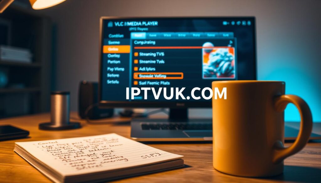 A well-organized workspace featuring a computer screen displaying the VLC Media Player interface, configured for IPTV streaming. In the foreground, a close-up view of the VLC player window shows the IPTV configuration settings and playlist, with vibrant colors highlighting the streaming options. The middle ground includes a tidy desk with a modern laptop, a notepad with handwritten notes about setup instructions, and a stylish coffee mug. In the background, soft ambient lighting casts a warm glow, enhancing the focus on the screen. The atmosphere is professional and tech-savvy, suggesting a comfortable and productive environment for setting up IPTV with the brand name "IPTVVUK.COM" subtly integrated into the scene.