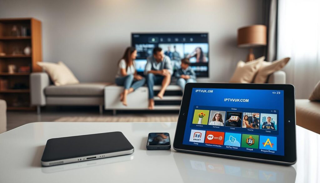 An IPTV device setup scene in a modern living room, showcasing various compatible devices like a smart TV, tablet, and smartphone on a sleek coffee table. In the foreground, there’s a tablet displaying the IPTVVUK.COM interface, with the screen illuminated, showing the vibrant colors of the streaming options. The middle ground features the smart TV, where a family is engaged in watching content together, all dressed in casual, comfortable clothing. The background is decorated with cozy furnishings, soft lighting that creates a warm and inviting atmosphere, and a window with soft, natural light coming in. The composition emphasizes connectivity and ease of use, perfect for illustrating the concept of setting up IPTV services across different devices.