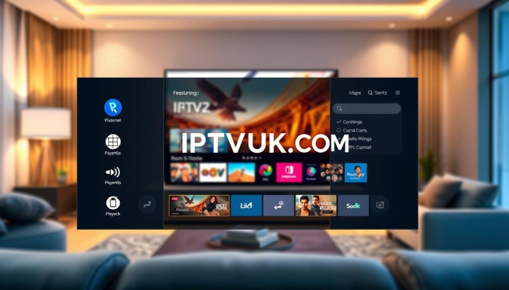 An advanced IPTV player interface displayed prominently in the foreground, showcasing essential features such as a user-friendly navigation menu, various channel listings, and a modern media player with fullscreen options. In the middle ground, features like parental controls, playback settings, and an intuitive search bar are highlighted, demonstrating accessibility for all users. The background features a stylized living room environment with a large flat-screen TV showing vibrant streaming content, creating an inviting atmosphere. Soft, warm lighting enhances the scene, enhancing details and creating a cozy feel. The image should convey a sense of modern technology and convenience. Include the brand name "IPTVVUK.COM" subtly within the interface design, ensuring it blends seamlessly into the overall aesthetic without overpowering the main elements.