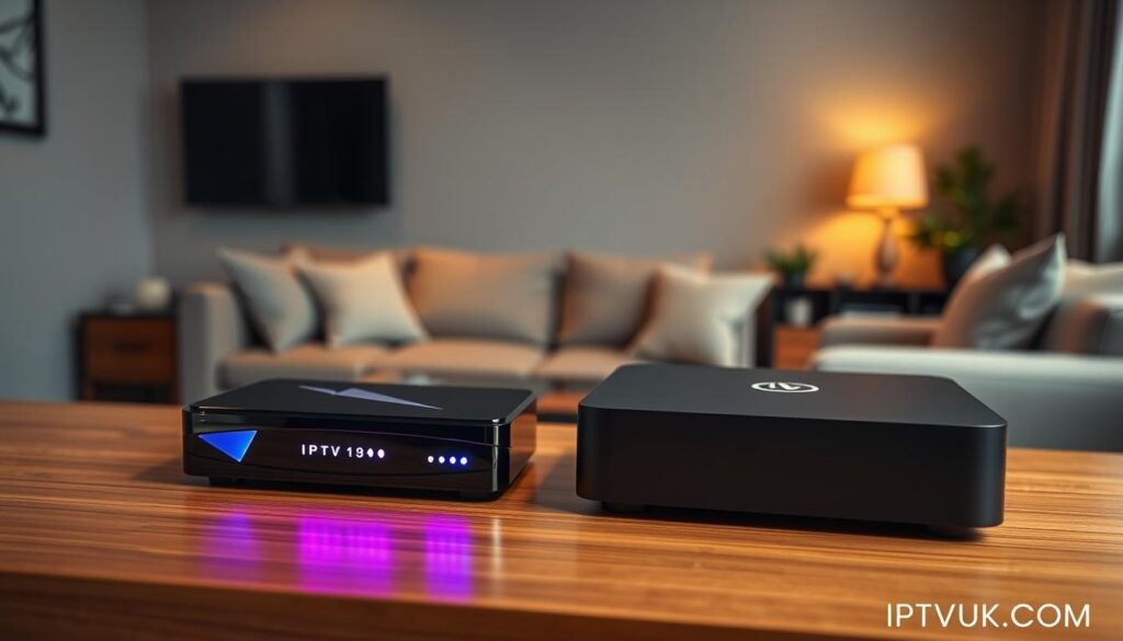 An elegant comparison of an IPTV Box and an Android TV Box set on a modern, sleek wooden table. In the foreground, prominently display an IPTV Box with a glossy finish and vibrant LED lights, showcasing its unique features. Beside it, an Android TV Box, more rectangular and minimalist, with a distinct logo subtly illuminated. The middle ground includes a cozy living room setting, with a soft couch and a large flat-screen TV mounted on the wall, casting a warm glow. In the background, gentle ambient lighting creates a welcoming atmosphere, suggesting a comfortable viewing experience. The composition should capture a professional aesthetic, with a focus on technology and home entertainment. The image should reflect the brand name "IPTVVUK.COM" naturally, without text overlays or distractions. Use a warm color palette and a soft focus for a calm, inviting mood. An elegant comparison of an IPTV Box and an Android TV Box set on a modern, sleek wooden table. In the foreground, prominently display an IPTV Box with a glossy finish and vibrant LED lights, showcasing its unique features. Beside it, an Android TV Box, more rectangular and minimalist, with a distinct logo subtly illuminated. The middle ground includes a cozy living room setting, with a soft couch and a large flat-screen TV mounted on the wall, casting a warm glow. In the background, gentle ambient lighting creates a welcoming atmosphere, suggesting a comfortable viewing experience. The composition should capture a professional aesthetic, with a focus on technology and home entertainment. The image should reflect the brand name "IPTVVUK.COM" naturally, without text overlays or distractions. Use a warm color palette and a soft focus for a calm, inviting mood.