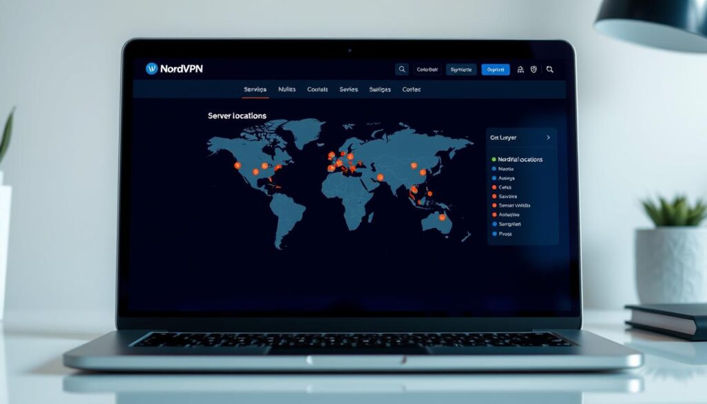 An image of NordVPN's user interface on a laptop screen, showcasing its server locations map.