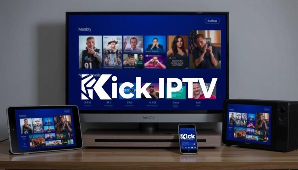 An image representing multiple devices streaming content simultaneously with the Kick IPTV logo An image representing multiple devices streaming content simultaneously with the Kick IPTV logo