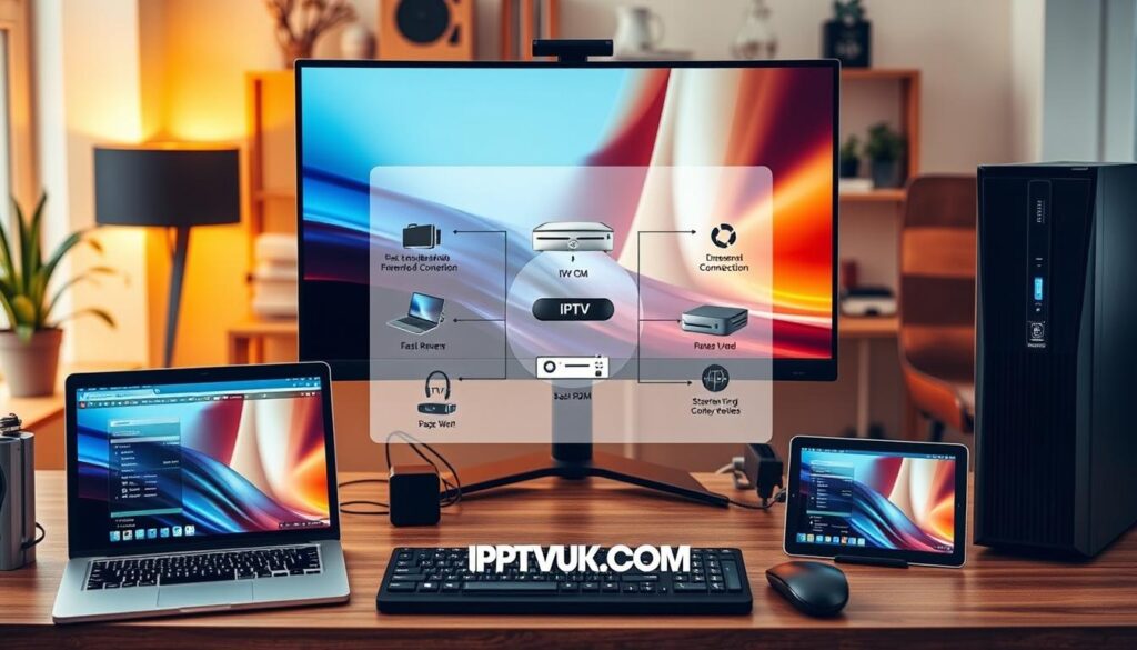 An image showcasing the essential requirements for IPTV on PC, featuring a sleek, modern desktop setup with a high-end monitor displaying an IPTV interface. In the foreground, a stylish, organized workstation includes a powerful PC with visible specifications such as a fast processor and ample RAM. Laptops and tablets with IPTV reviews surround the monitor, suggesting versatility in devices. In the middle, a setup diagram illustrates the internet connection, streaming devices, and software needed for optimal viewing. The background features a cozy home office environment with warm lighting, emphasizing a professional yet inviting atmosphere. Capture the logo "IPTVVUK.COM" subtly in the design, ensuring a polished and informative visual presentation.