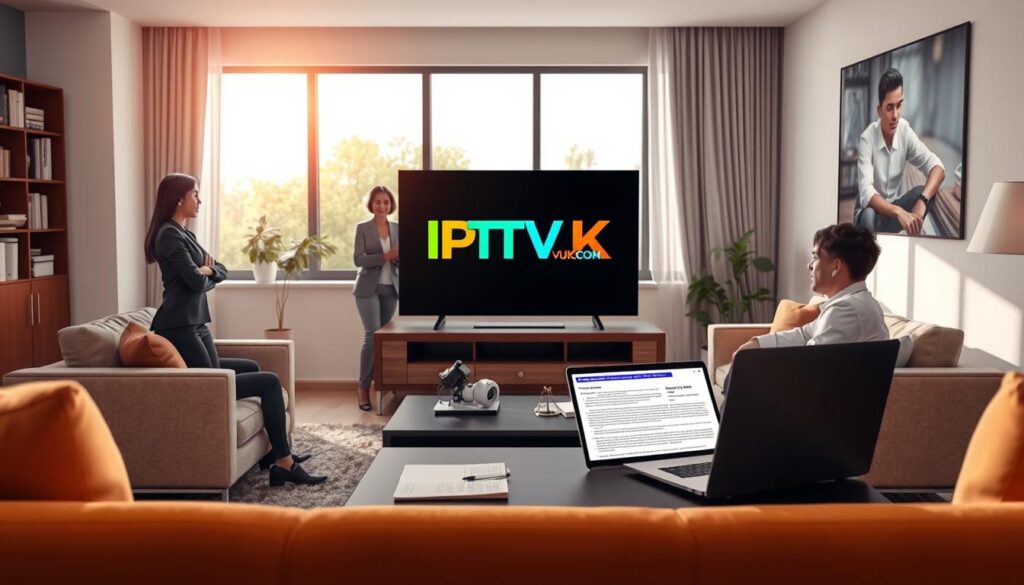 An informative illustration depicting the concept of "IPTV legal" in a modern, professional setting. In the foreground, a sophisticated living room with a sleek television displaying the logo "IPTVVUK.COM" in vibrant colors. A diverse group of three individuals, dressed in business attire, are engaged in a discussion about IPTV services, their expressions reflecting curiosity and enthusiasm. In the middle ground, there is a stylish coffee table with legal documents and a laptop open to a trusted IPTV review site. The background features large windows with natural light streaming in, creating a warm and inviting atmosphere. The scene is captured with a soft focus lens effect, showcasing a sense of hopefulness and innovation in streaming technology.