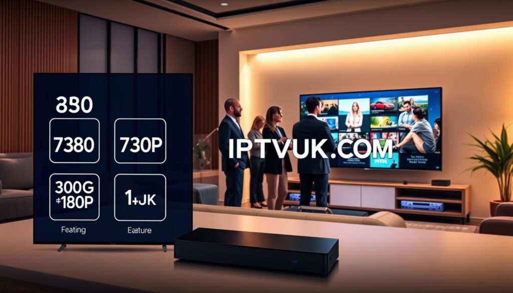 An informative illustration depicting various IPTV resolution options. In the foreground, a sleek, modern digital display showcasing resolution icons like 480p, 720p, 1080p, and 4K, thoughtfully arranged for clarity. The middle ground features a diverse group of professional individuals in business attire, attentively discussing these options, emphasizing a collaborative and tech-savvy atmosphere. In the background, a stylized living room setting complete with a large flat-screen TV streaming vibrant content, bathed in warm, inviting lighting. The overall mood is sophisticated yet accessible, capturing the essence of streaming quality and performance features while integrating the brand name "IPTVVUK.COM" subtly into the display. The angle is slightly elevated, providing a comprehensive view of both the display and the discussion. An informative illustration depicting various IPTV resolution options. In the foreground, a sleek, modern digital display showcasing resolution icons like 480p, 720p, 1080p, and 4K, thoughtfully arranged for clarity. The middle ground features a diverse group of professional individuals in business attire, attentively discussing these options, emphasizing a collaborative and tech-savvy atmosphere. In the background, a stylized living room setting complete with a large flat-screen TV streaming vibrant content, bathed in warm, inviting lighting. The overall mood is sophisticated yet accessible, capturing the essence of streaming quality and performance features while integrating the brand name "IPTVVUK.COM" subtly into the display. The angle is slightly elevated, providing a comprehensive view of both the display and the discussion.