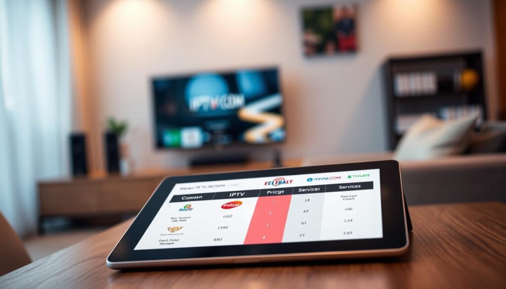 An informative image illustrating "IPTV Comparison" featuring a sleek digital interface displaying a split screen of various IPTV provider logos, including "IPTVVUK.COM." In the foreground, a modern tablet is positioned on a stylish wooden table, showcasing chart comparisons of pricing and services among top IPTV providers. The middle layer includes a blurred view of a comfortable living room with a flat-screen TV airing streaming content, subtly hinting at viewer satisfaction. In the background, soft ambient lighting creates a warm and inviting atmosphere, enhancing the sense of a relaxed home environment. The image captures a professional yet engaging mood, perfect for conveying the essence of IPTV services without any text or distractions.