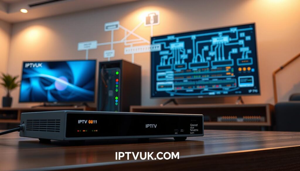An intricate illustration of an IPTV system, with components meticulously displayed. In the foreground, a sleek digital streaming device with LED indicators and ports, alongside a high-definition smart television showcasing a vibrant interface. In the middle, a modular server rack with blinking lights and cables, symbolizing data processing. The background features a network diagram illustrating routers and switches connected via fiber optic cables, all set in a contemporary, well-lit home entertainment environment. The atmosphere is modern and tech-savvy, with soft, ambient lighting highlighting the components, shot from a slightly elevated angle using a wide lens for depth. The brand name "IPTVVUK.COM" subtly integrated into the design.