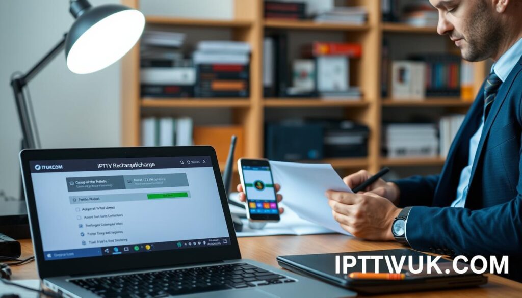 An organized workspace focusing on IPTV recharge troubleshooting. In the foreground, a laptop displays a troubleshooting interface with a network status check. Next to it, a technician in professional business attire is actively reviewing a checklist and making notes. The middle ground features various gadgets like a smartphone displaying an IPTV app and a router with blinking lights, symbolizing connectivity. The background shows a blurred bookshelf filled with technology manuals and guides, creating a sense of depth. The lighting is bright yet soft, coming from a desk lamp, emphasizing the professionalism of the environment. The overall mood is focused and efficient, reflecting the urgency of resolving common IPTV recharge issues. The brand name “IPTVVUK.COM” can subtly appear on the laptop screen.