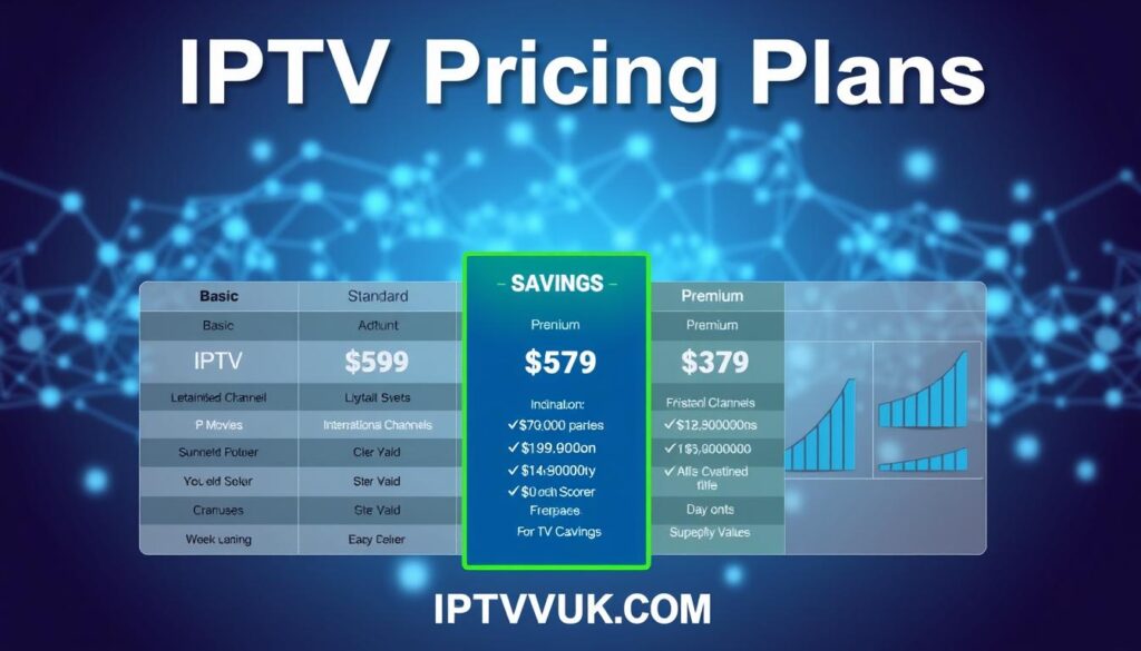 Create a visually appealing, infographic-style image representing "IPTV Pricing Plans" featuring a sleek layout that highlights various subscription tiers—Basic, Standard, and Premium. The foreground includes an organized table with each plan's price, features, and discounts, illustrated with icons that signify content type, such as movies, sports, and international channels. In the middle, incorporate a green and blue color palette to evoke a sense of value and reliability, complemented by graphs showing potential savings comparisons. The background should feature a subtle digital network theme, emphasizing technology and connectivity. Use soft lighting to create an inviting atmosphere, aiming for a professional and informative tone. No text overlays or logos except for the brand name "IPTVVUK.COM" subtly integrated into the design.