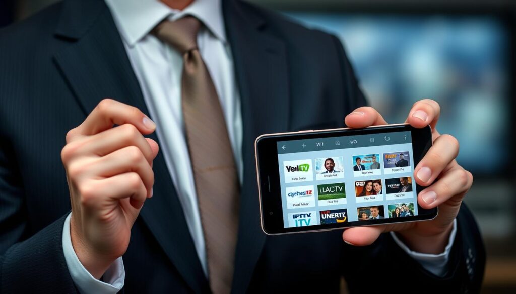 Create an image of a person using IPTV SMART PLAYER on their Android device, with a clean and organized interface displaying various IPTV channels.