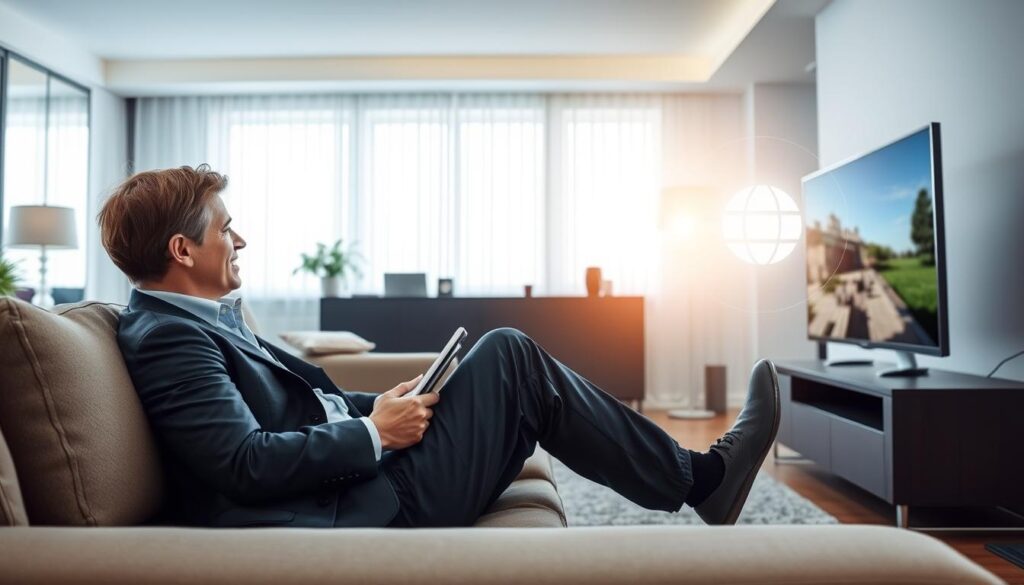 Create an image representing IPTV services, showing a person watching TV on a device with an internet connection.