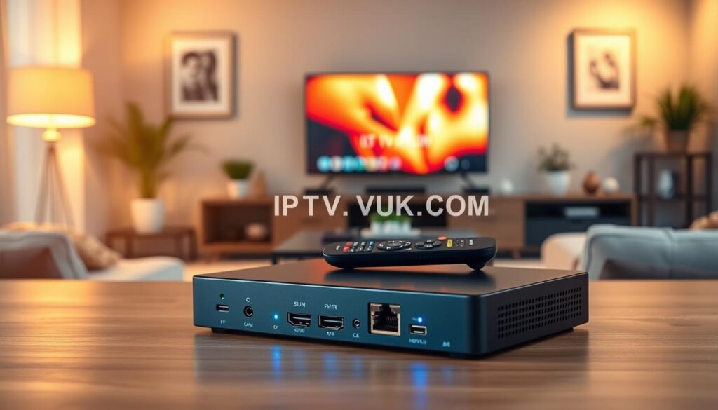 Foreground: A sleek IPTV device with indicators and ports, showcasing high-tech features like HDMI and Ethernet connections. Middle: A cozy living room setup with a modern TV displaying vibrant content, highlighting IPTV functionality. There’s a remote control placed nearby on a stylish coffee table. Background: Softly lit room ambiance with subtle decorations such as houseplants and framed artwork, creating a warm atmosphere. The overall mood is inviting and tech-savvy, reflecting the integration of IPTV technology in everyday life. Lighting should be warm and soft to emphasize comfort, using a slightly blurred background to focus on the IPTV device. Include the brand name "IPTVVUK.COM" subtly in the image composition, ensuring a professional aesthetic.