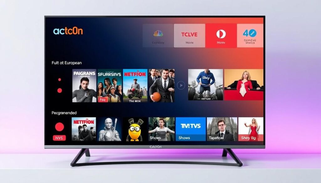 Generate an image of CatchOn TV's interface on a smart TV, showcasing European content. Generate an image of CatchOn TV's interface on a smart TV, showcasing European content.