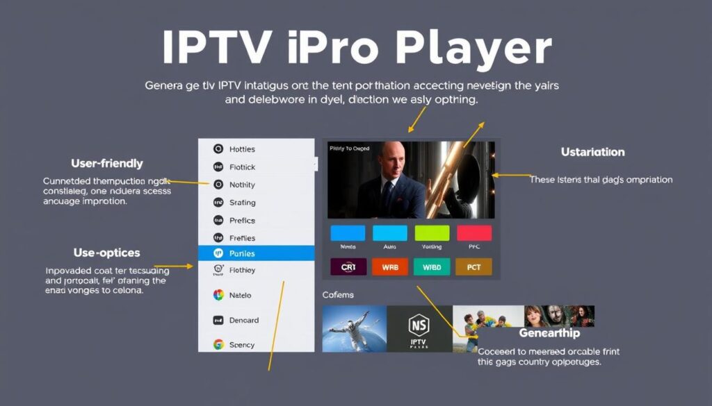 Generate an image of IPTV Pro Player's interface showcasing its key features