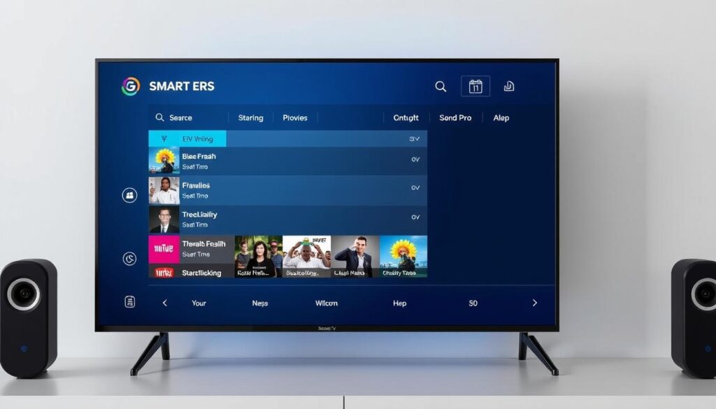 Generate an image of IPTV Smarters Pro's interface on a smart TV, highlighting its user-friendly playlist management. Generate an image of IPTV Smarters Pro's interface on a smart TV, highlighting its user-friendly playlist management.