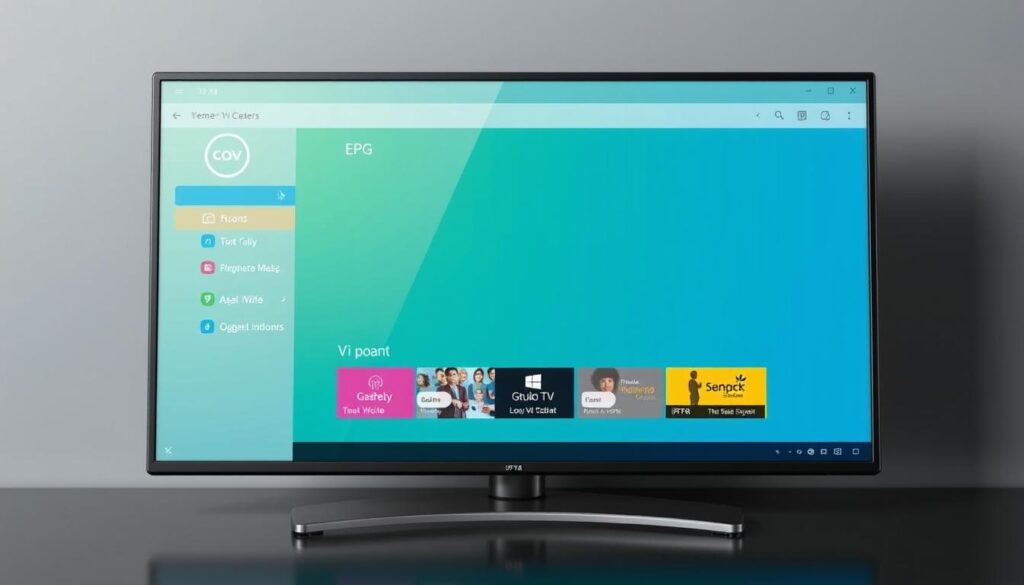 Generate an image of IPTV Smarters interface on a Windows PC, highlighting its user-friendly features and EPG support.
