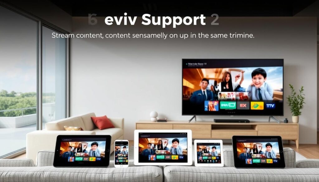Generate an image of Kick IPTV's multi-device support feature, highlighting its ability to stream on up to 5 devices simultaneously. Generate an image of Kick IPTV's multi-device support feature, highlighting its ability to stream on up to 5 devices simultaneously.