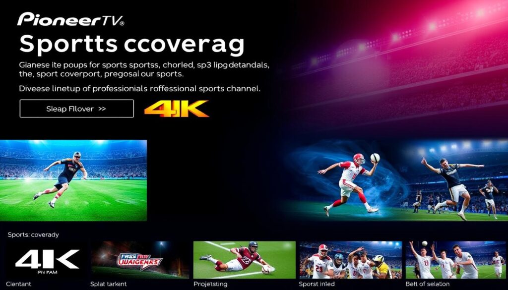 Generate an image of Pioneer TV's sports coverage, highlighting its 4K quality and comprehensive sports channel lineup. Generate an image of Pioneer TV's sports coverage, highlighting its 4K quality and comprehensive sports channel lineup.