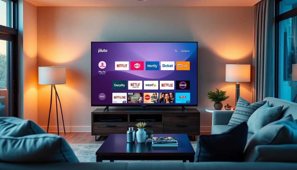 Generate an image of Pluto TV's interface on a Smart TV Generate an image of Pluto TV's interface on a Smart TV