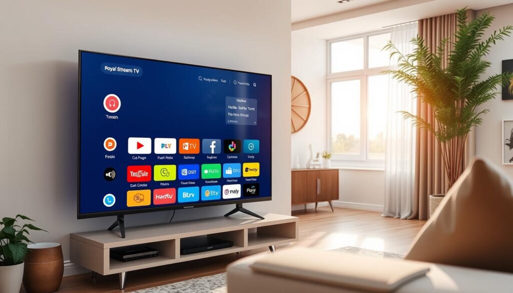 Generate an image of Royal Stream TV's interface on a TV screen