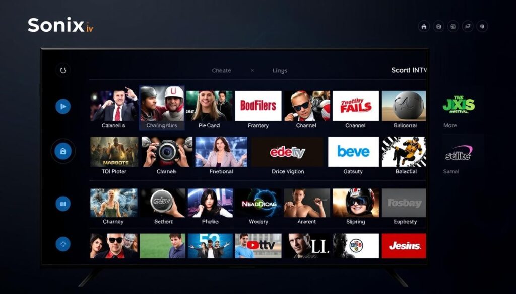 Generate an image of Sonix IPTV's interface showcasing its extensive channel lineup and user-friendly navigation. Generate an image of Sonix IPTV's interface showcasing its extensive channel lineup and user-friendly navigation.