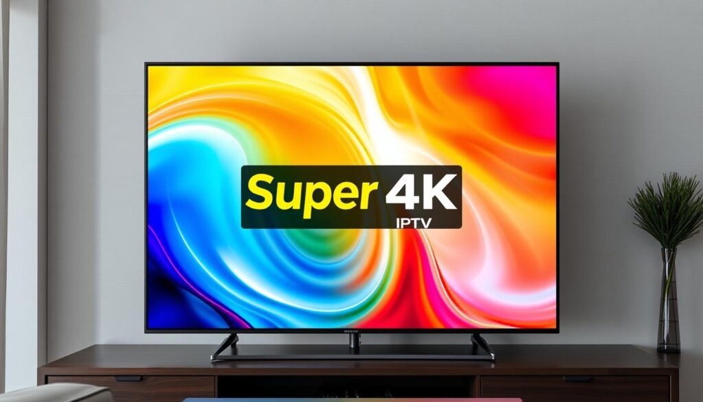 Generate an image of a 4K TV displaying vibrant colours with Super 4K IPTV logo.