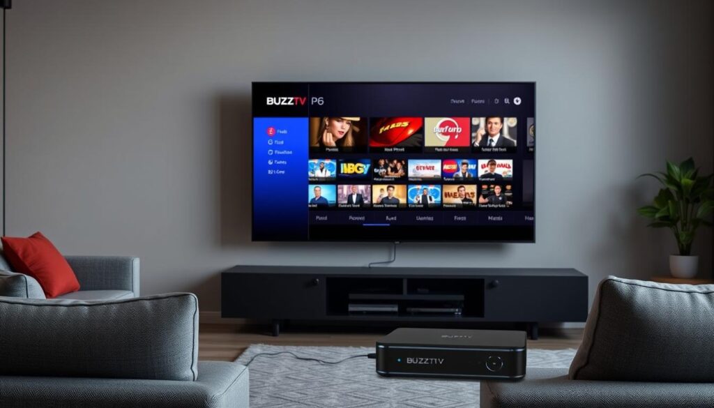 Generate an image of a BuzzTV P6 PowerStation device connected to a TV, displaying various IPTV channels.