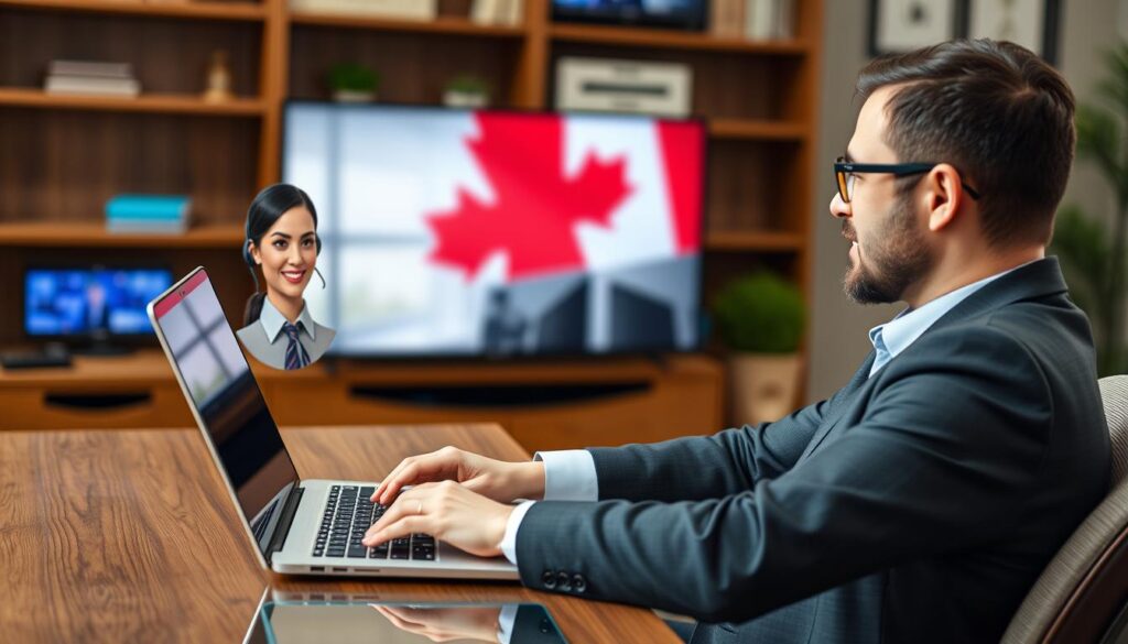 Generate an image of a Canadian IPTV reseller working on a laptop with a friendly customer service representative on the screen.