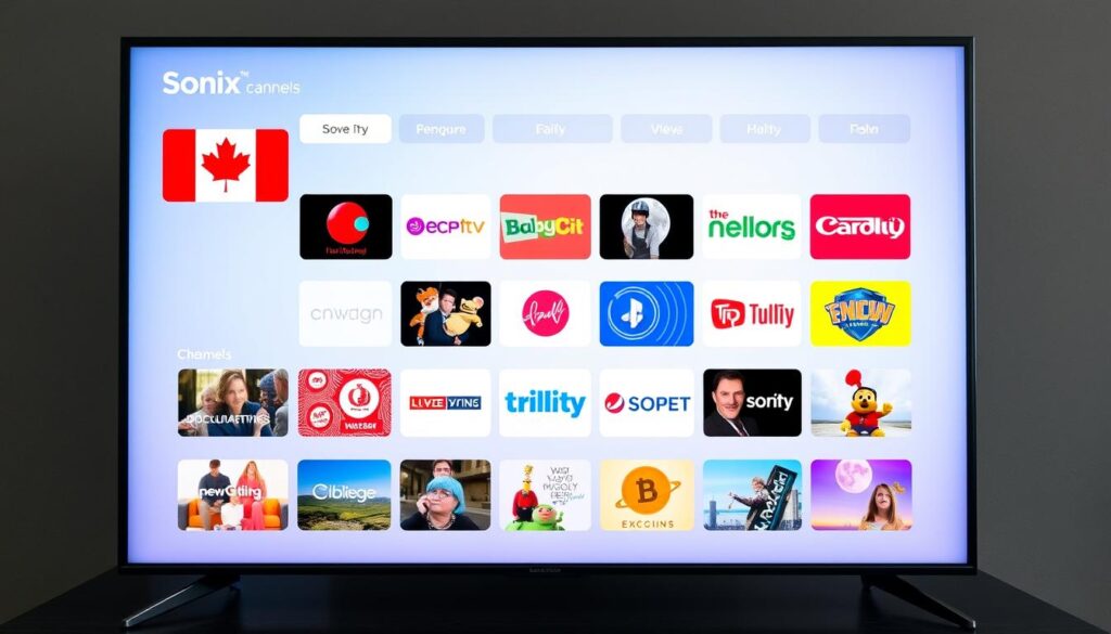 Generate an image of a Canadian TV screen displaying various channels and content through Sonix IPTV. Generate an image of a Canadian TV screen displaying various channels and content through Sonix IPTV.