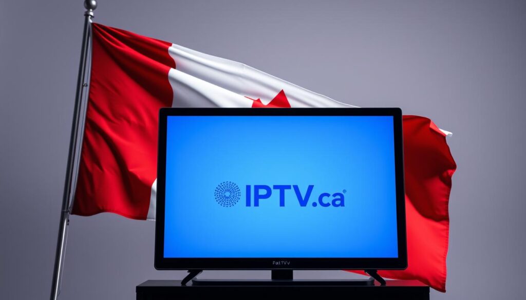 Generate an image of a Canadian flag waving with a TV screen displaying IPTV.ca in the foreground.