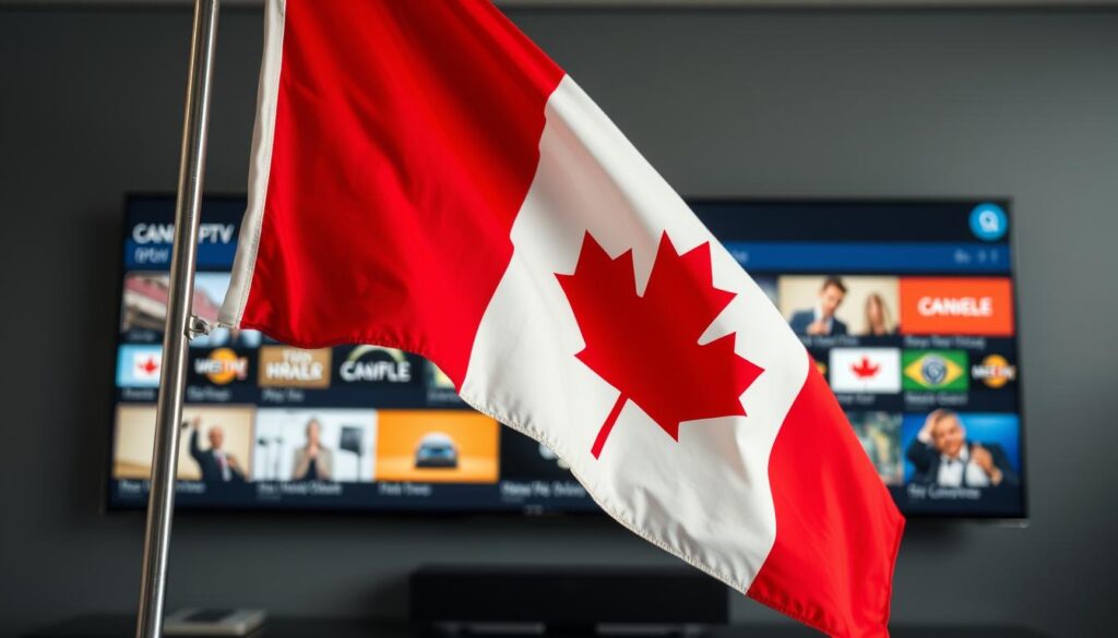 Generate an image of a Canadian flag waving with a TV screen in the background displaying various IPTV channels.