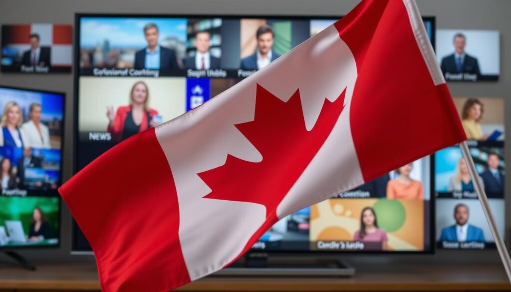 Generate an image of a Canadian flag waving with a TV screen in the background displaying various channels.